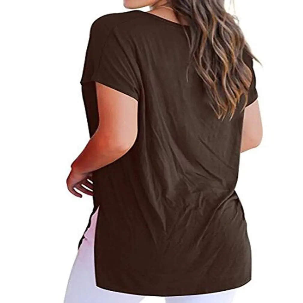 Women Loose Comfortable Hem Split Front Short Back Long Solid Color V-neck T-shirt Sleeves Summer | Женская одежда