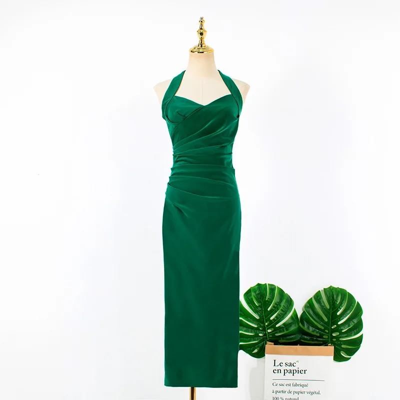 

hot dark green dress open back V-neck lace up temperament show thin buttock dress