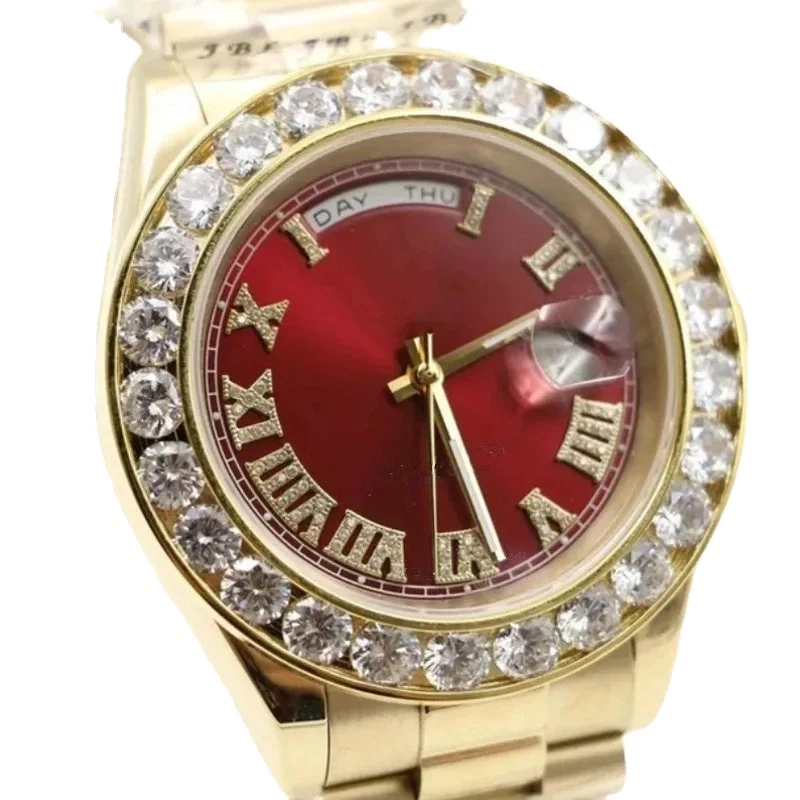 

New Men's Automatic Mechanical Watch Day-Date Big Diamonds Bezel Stainless Steel Sapphire Crystal Red Rome Dial Gold 44mm
