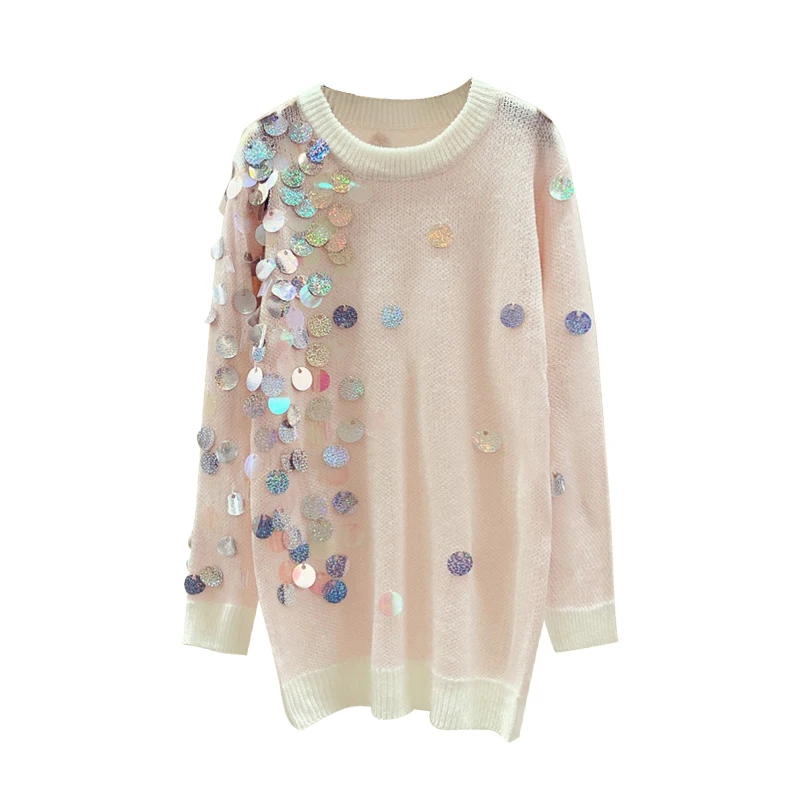 Пуловер женский вязаный с длинными рукавами и блестками осень 2019 | Женская одежда