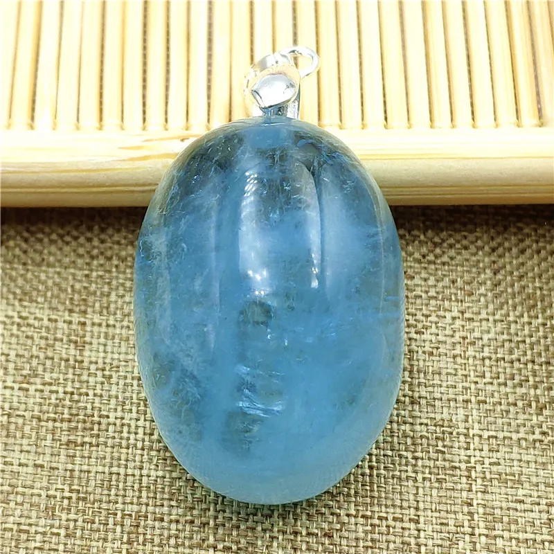 

From Brazil Natural Blue Aquamarine Clear Beads oval Pendant 29x20x13mm Women Men Fashion Stone Jewelry Necklace AAAAA