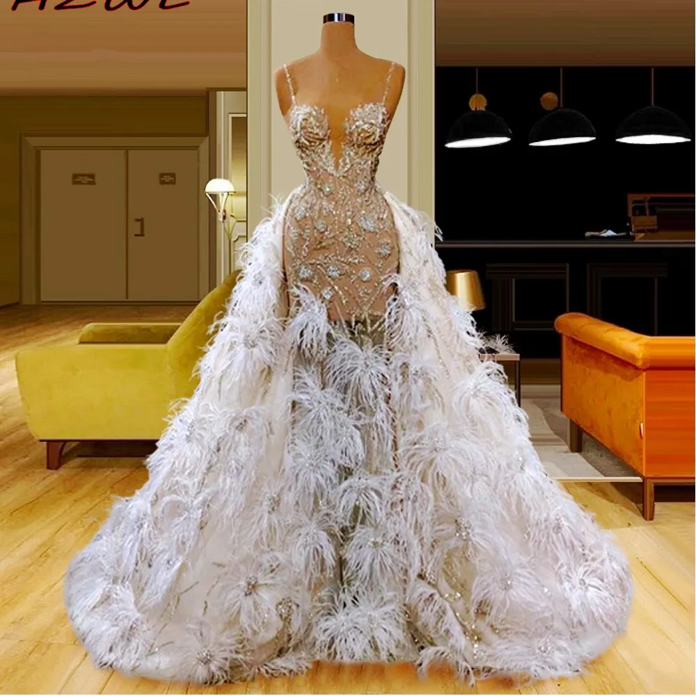 Feathers See Through Overskirts Prom Dresses Spaghetti Straps Beads Sequins Illusion Mermaid Evening Dress Celebrity Party Gown