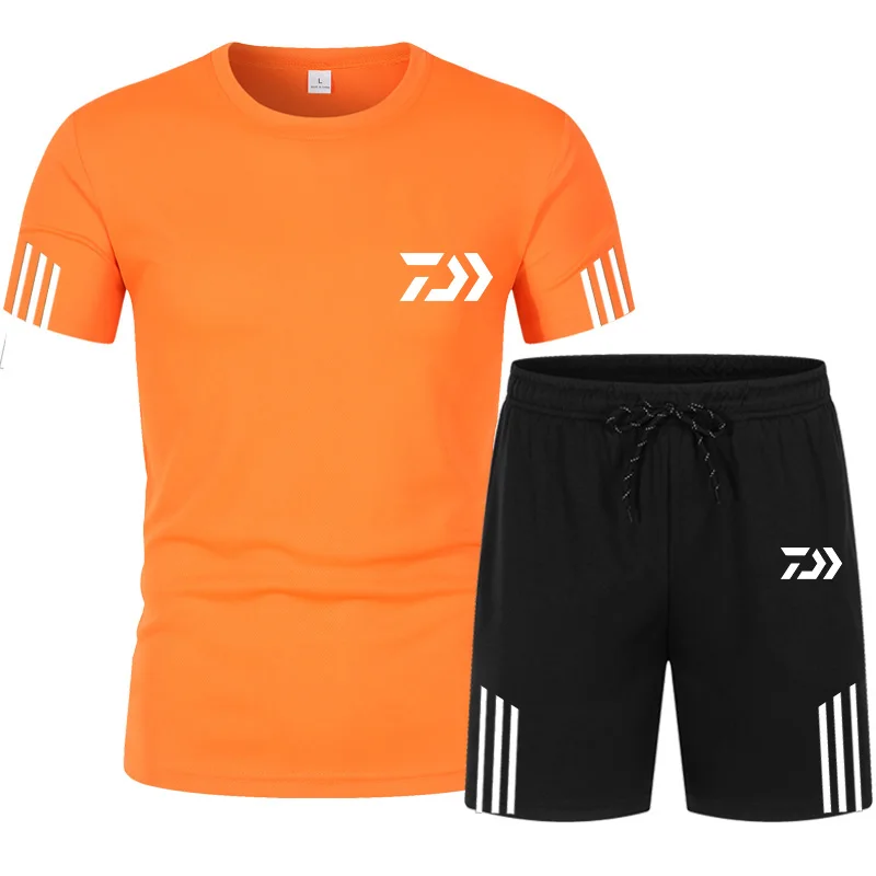 

2021 New Casual Sports Suit Men's Summer Striped Sportswear Round Neck Cotton Breathable T-Shirt + Shorts Brand 2-Piece