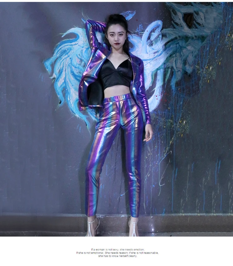 Фиолетовый красочный сексуальный женский костюм в полоску куртка брюки для