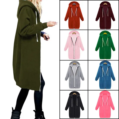 Women's Autumn Winter ThickenHoodies Parkas Loose Hooded Jackets Zipper Pocket Maxi Size Sweatshirt Sports Dresses Outwear 2023