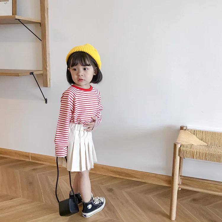 Весенне-Осенние футболки в полоску из чистого хлопка для девочек универсальные с