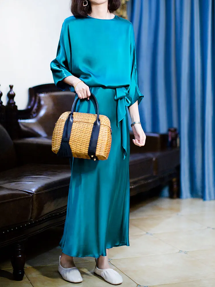 Женские повседневные летние топы и юбки зеленые болотные из натурального шелка