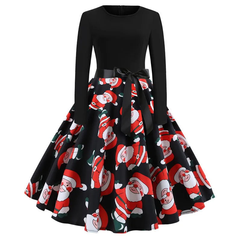 Зимнее винтажное платье женское рождественское с длинным рукавом и принтом
