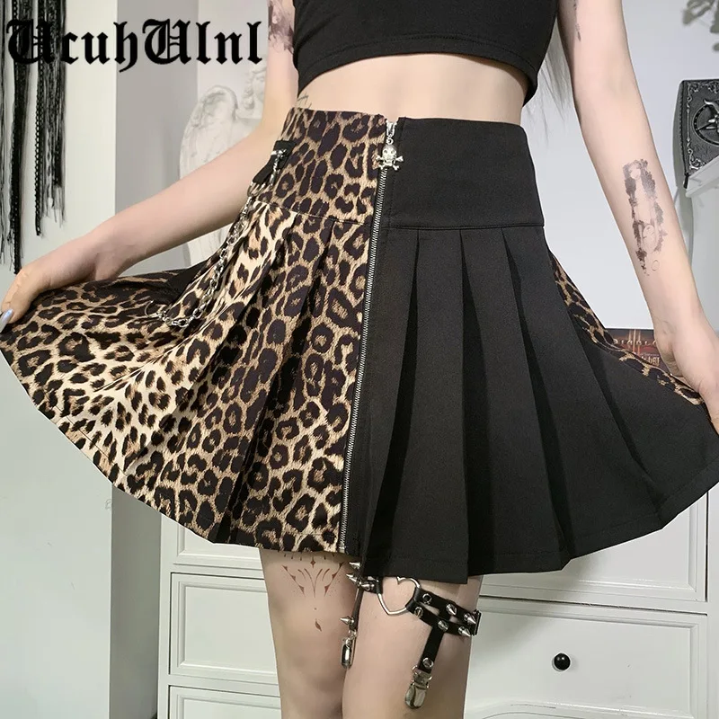 

Dark Gothic Black Mini Skirt Punk Streetwear Solid Black And Leopard A Line Skirts Harajuku High Waist Pleated Skirt