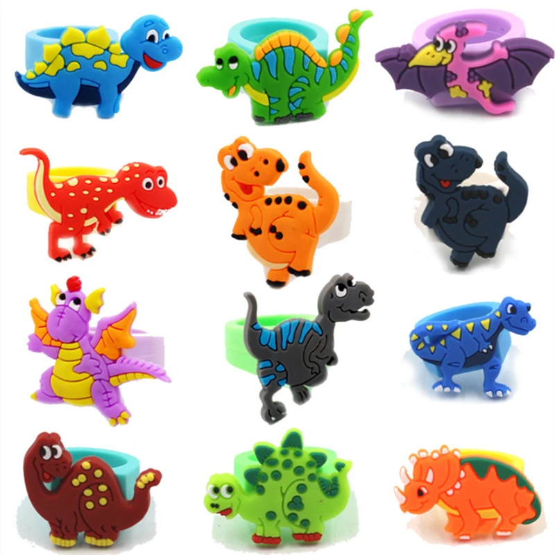 

Kids Dinosaur Rings Cartoon Soft Flexible PVC Dino Model Party Toys Boys Children Birthday Gifts 12 Different Pieces