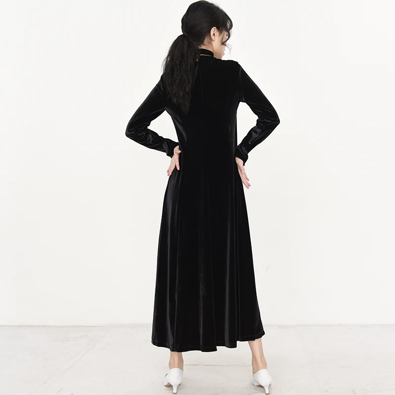 

[EAM] Women Black Long Velvet Elegant Dress New Stand Collar Long Sleeve Loose Fit Fashion Tide Spring Autumn 2021 1R59101