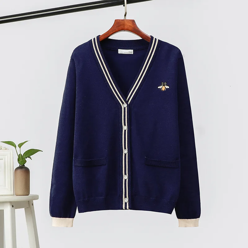 Autumn Winter Little Bee Embroidery Knitted Cardigans Sweater Women Japan Style V-neck Sweet Knitting Top 2020 New CRRIFLZ |