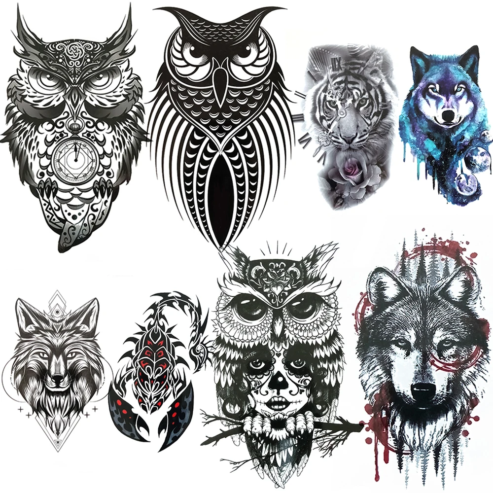 Totem Owl Wolf Temporary Tattoos Sticker Realistic Fake Black Tiger Scorpion Animal Tattoo For Men Women Adults 3D Tatoos Custom