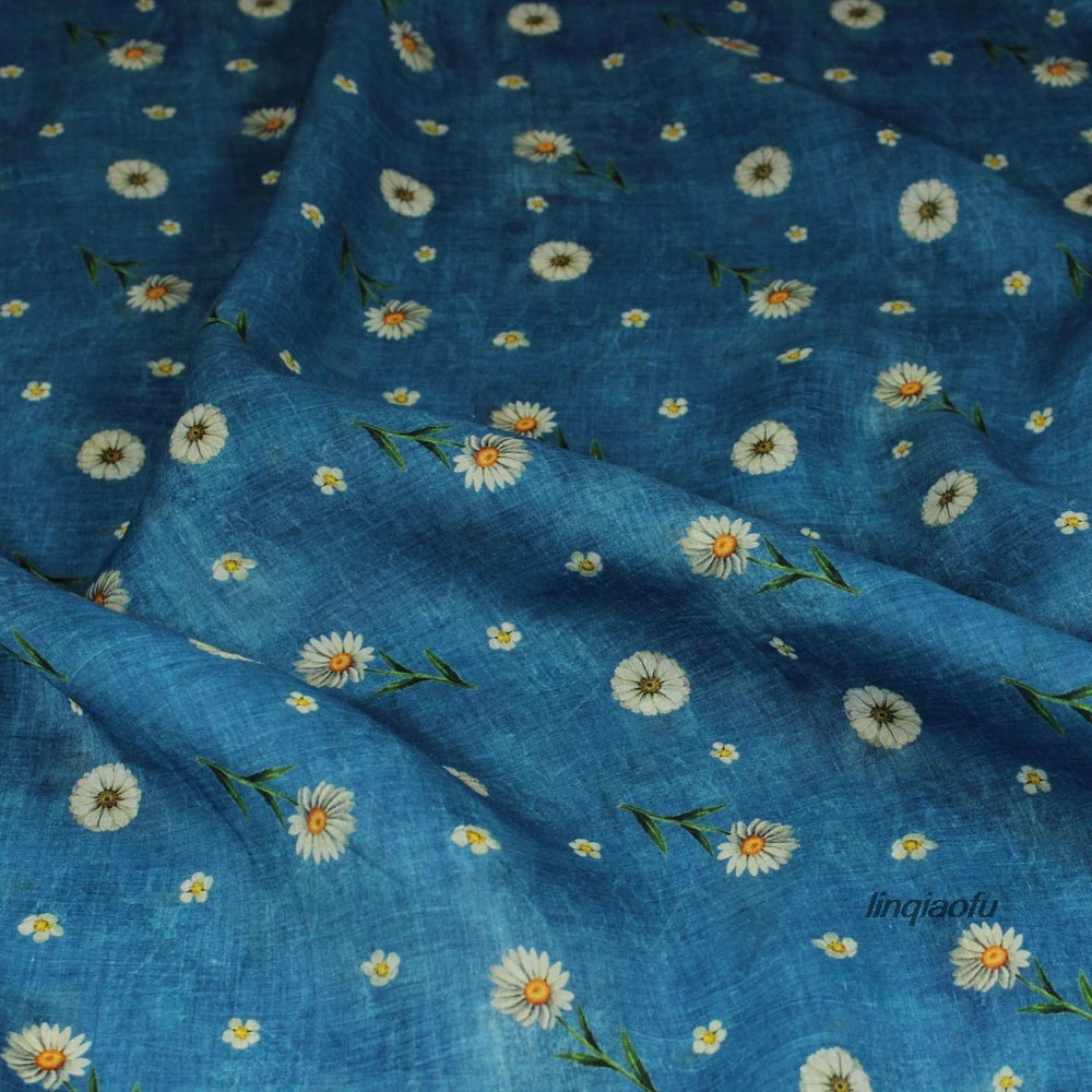 

Original design blue daisy printed pure ramie fabric, dress robe linen clothing fabric