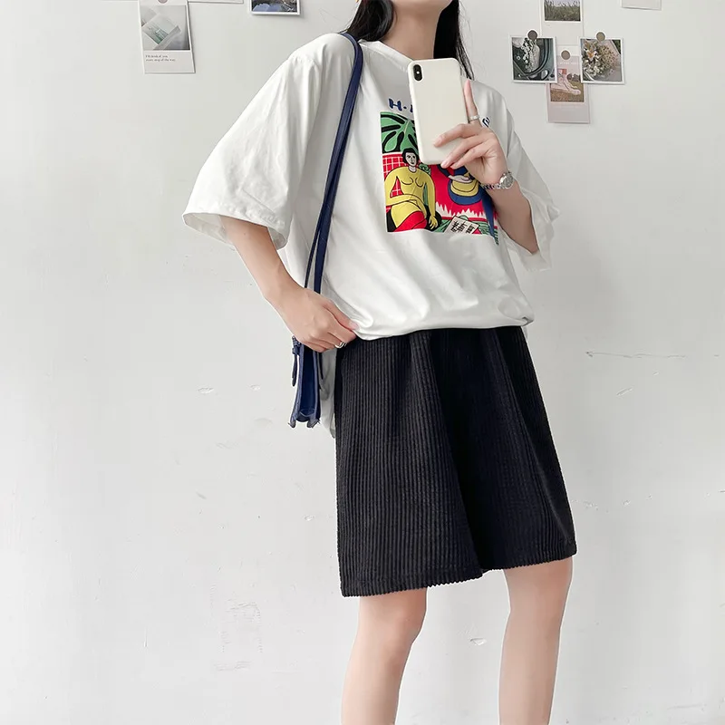 

CGC 2021 Summer Elastic High Waist Women Shorts Casual Loose Wide Leg Shorts Cotton Solid Harajuku Shorts Female Sweatpants