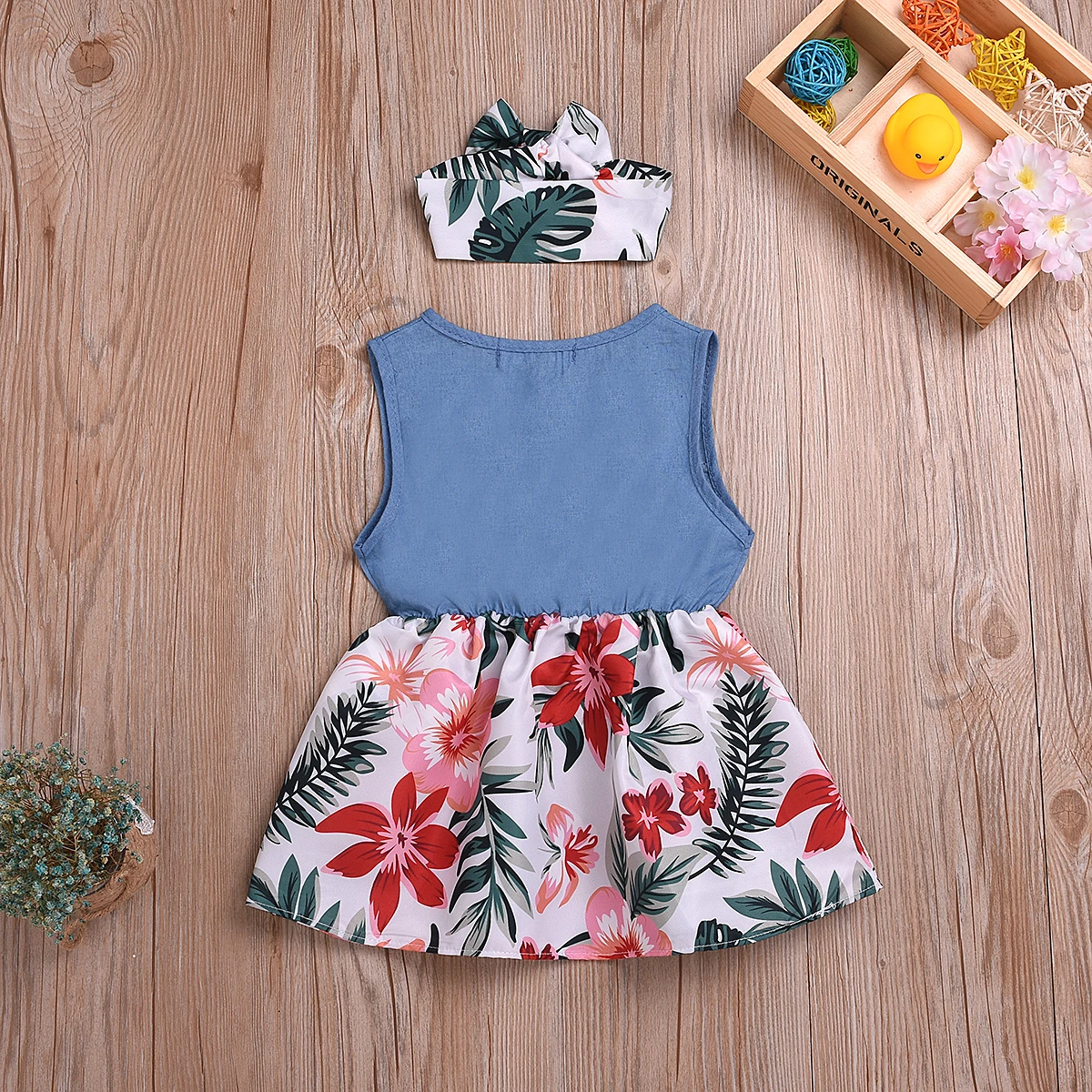 

Baby Summer Clothing 1-6Y Infant Kids Baby Girls Sleeveless Floral Dress Headband Toddler Button Denim Patchwork Sundress
