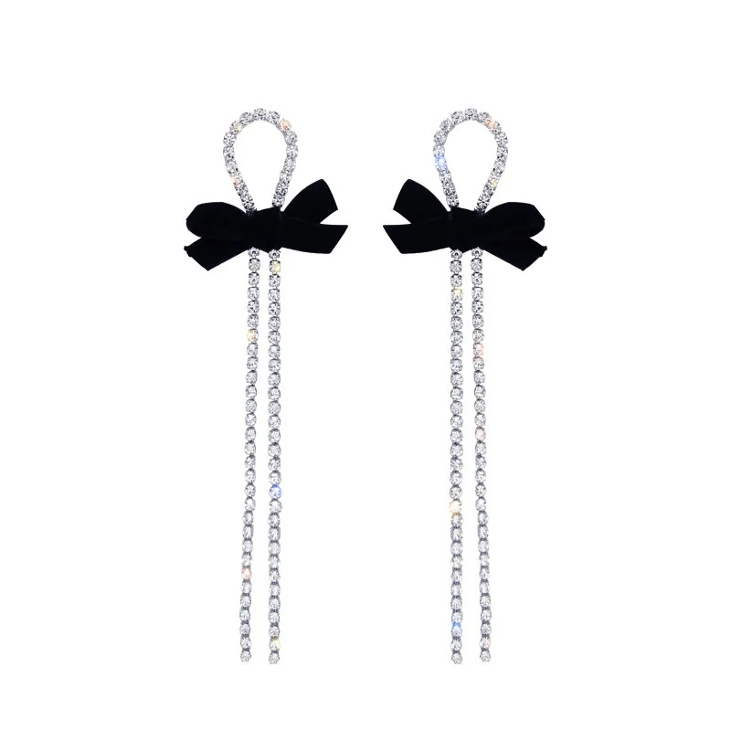 

New Korean Style Shiny Rhinestone Black Bowknot Earrings For Women Long Crystal Chain Drop Earrings Party Engagement Jewelry