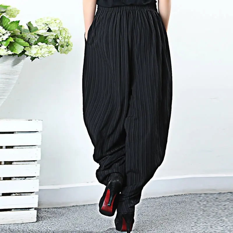 XITAO Pleated Full Length Pants Fashion Striped Elastic Waist Loose 2021 Summer High Waist Minority Harem Pants WLD6392