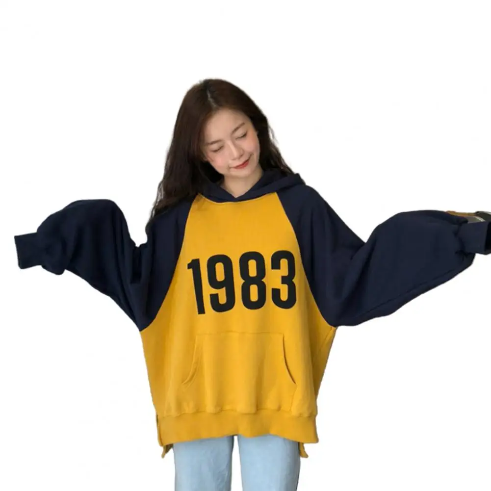 Women Color Block Long Raglan Sleeve Plush Warm Hoodie Pocket Autumn Sweatshirt