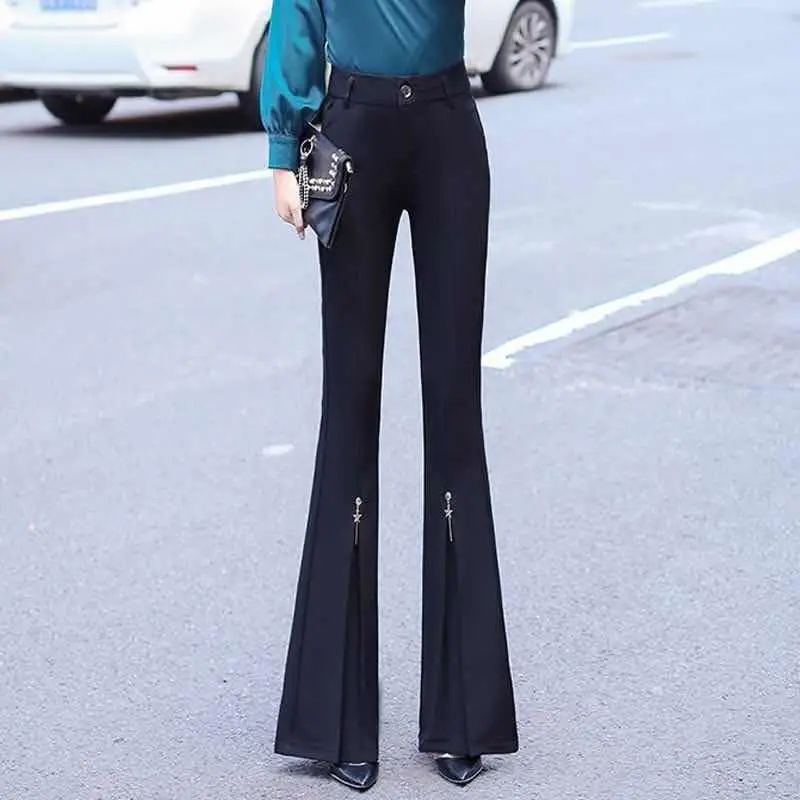 

Women Skinny Flare Pants 2021 Spring Autumn Office Front Split Trousers High Waist Elastic Full-length Pants Korean Fashion A88
