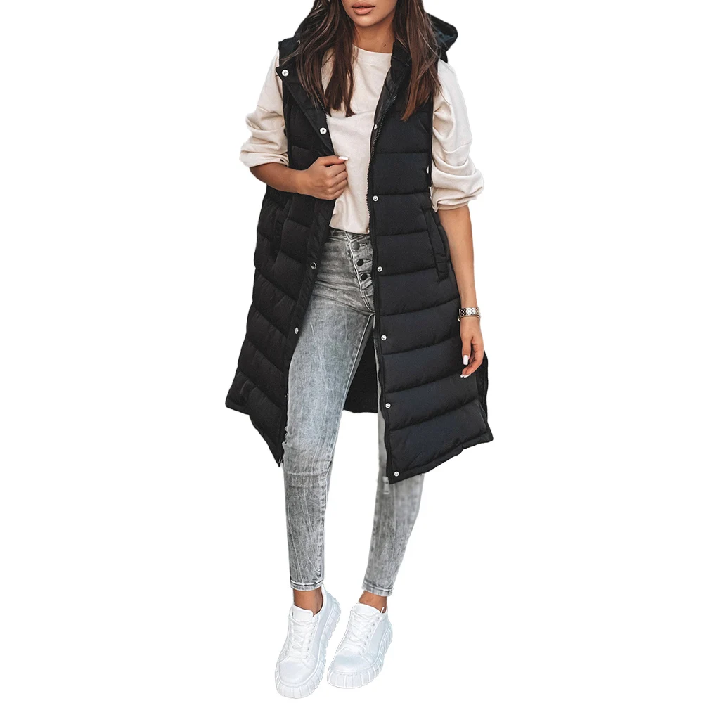 

Women Casual Single Breasted Solid Color Hooded Sleeveless Winter Pockets Female Jacket Ladies Cardigan Warm Long Vest Outwear