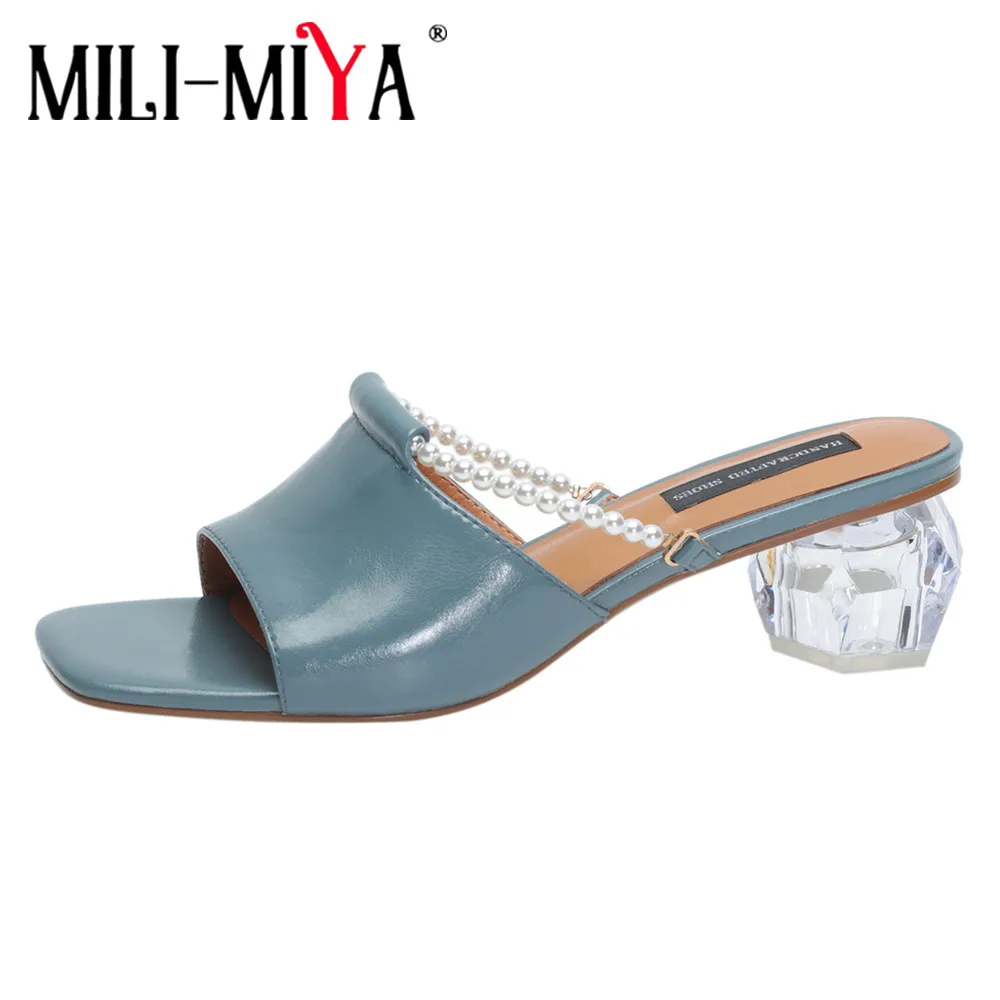 

MILI-MIYA Comfortable Clear Crystal High Heels Pearl Decoration Slippers Summer Open Toe Women Slip On Sandals Elegant Prom Shoe