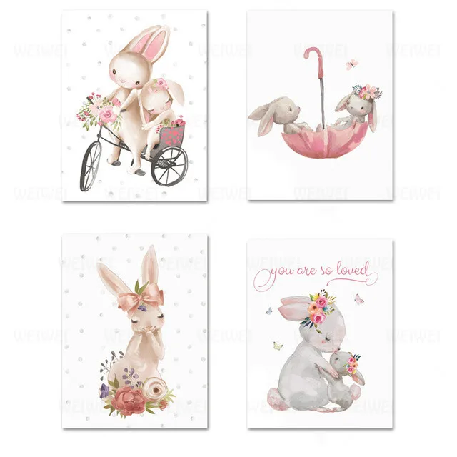 

Woodland Bunny Print Floral Boho Nursery Wall Art Rabbit Canvas Painting Posters Cute Cartoon Animal Kids Girls Bedroom Decor