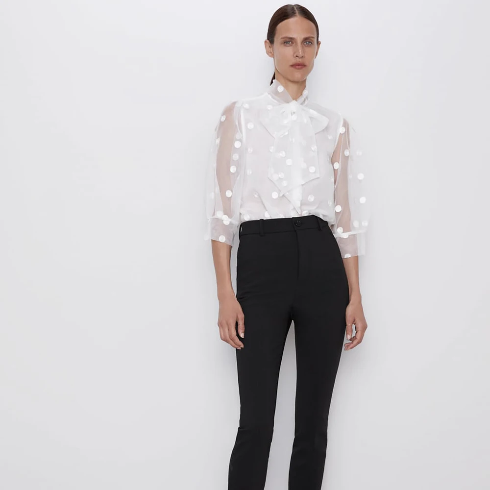 Женская Полупрозрачная рубашка с вышивкой ZA белая блузка круглым вырезом и