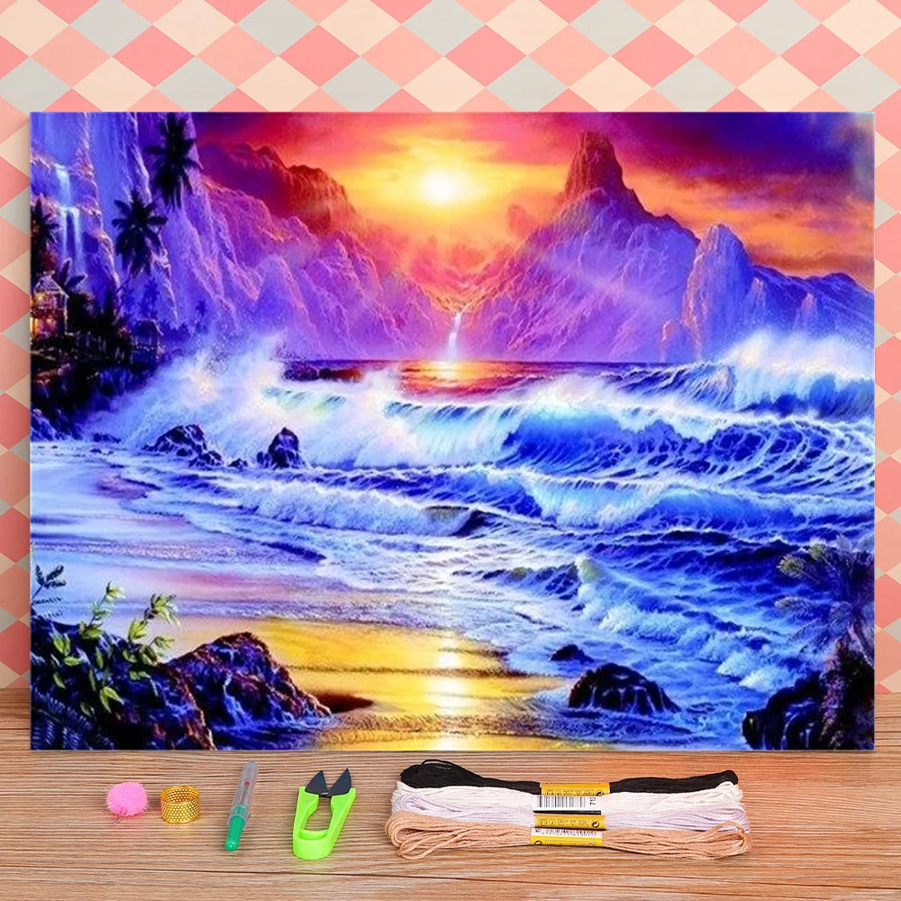 

Пейзаж Закат пляж волны печать 11CT Вышивка крестом полный комплект DIY Вышивка DMC нити ручная работа Mulina