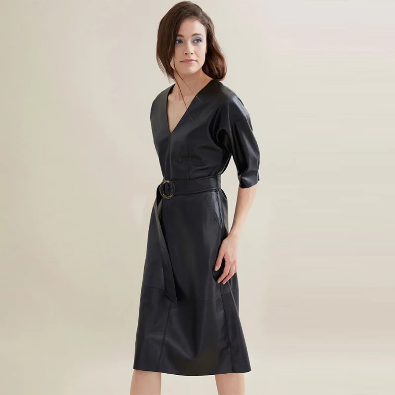 Женское платье из искусственной кожи с V образным вырезом сексуальное офисное