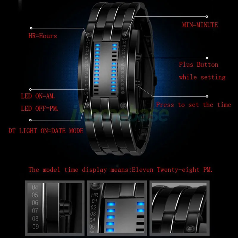 Модные цифровые двоичные Смарт-часы для мужчин и женщин из нержавеющей стали с
