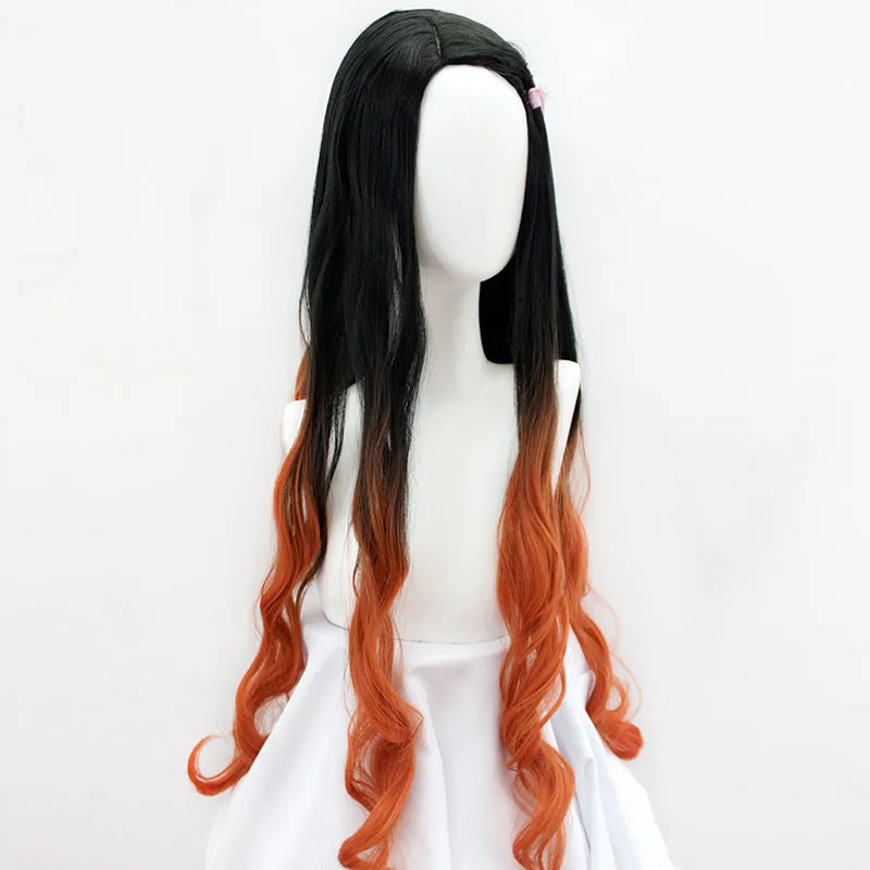 100cm/39inch women Kamado Nezuko cosplay wig Demon Slayer: Kimetsu no Yaiba sister black with orange long wavy hair |