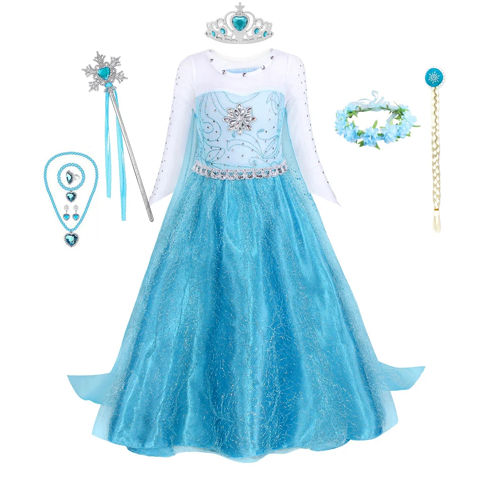 

Halloween Princess Elsa Dress Disney Mesh Fancy Snow Quee Costume Elza Long Sleeves Vestido Christmas Frozen