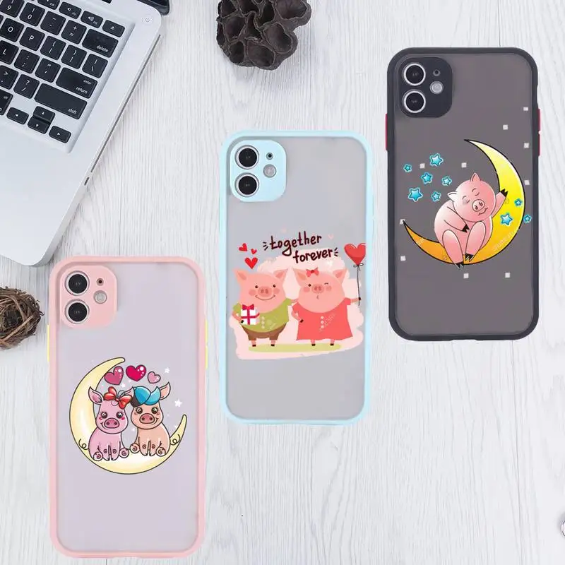 

Cute Couples Pig Phone Case For iPhone 12 11 Mini Pro XR XS Max 7 8 Plus X Matte transparent Pink Back Cover