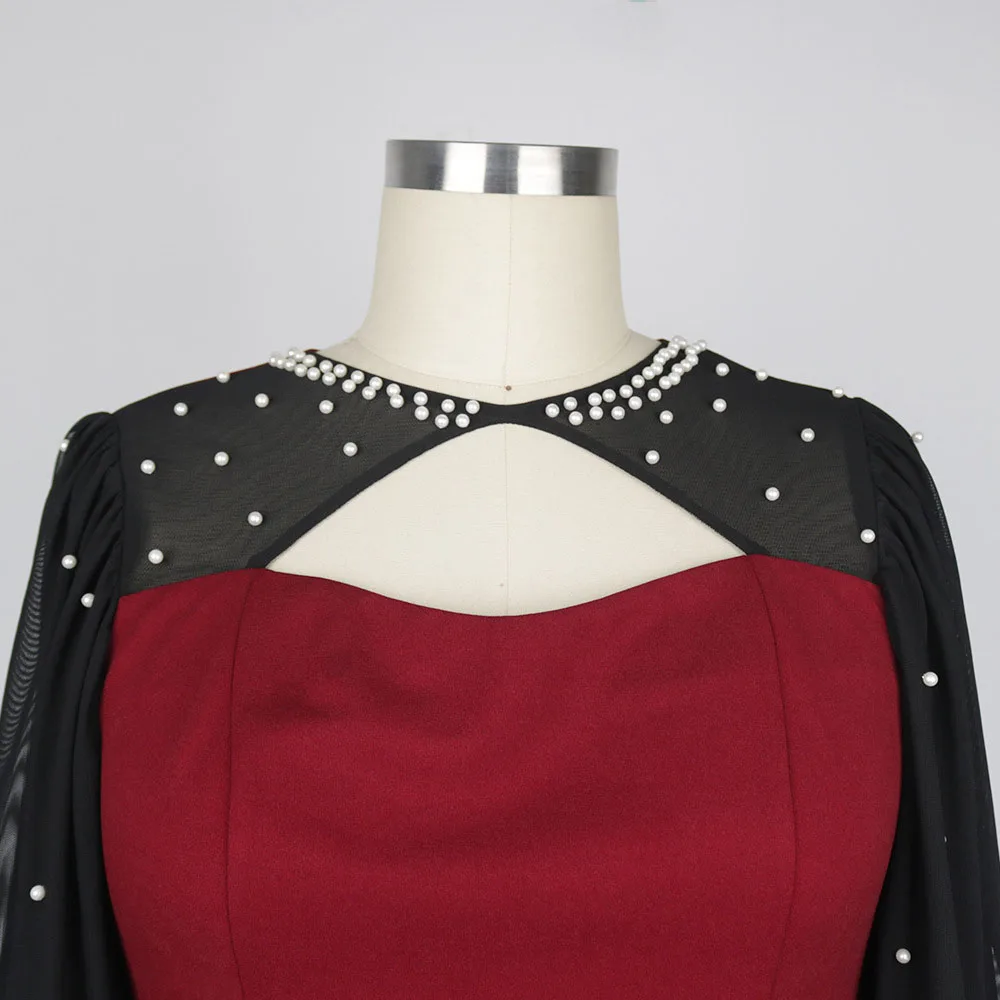 

Western Style Fashion Summer Oversize Women's Dress 2021 Color Contrast Splicing Beaded Hollow Out Lantern Sleeve