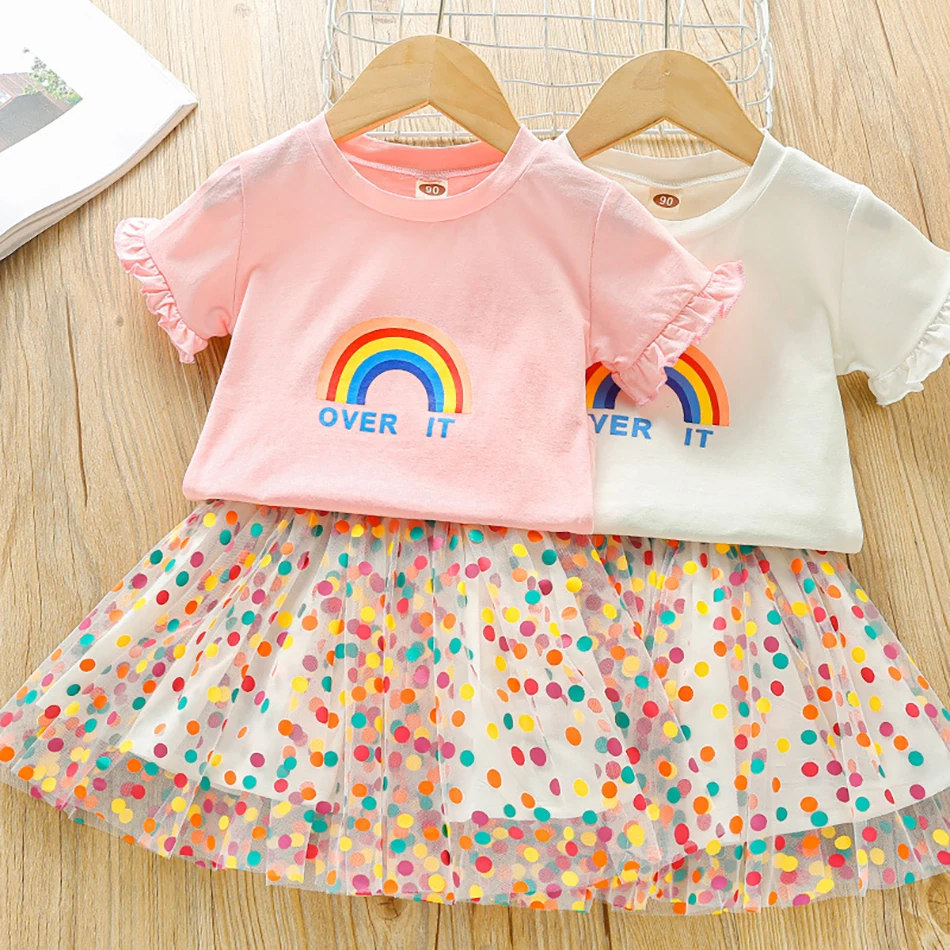 

VOGUEON New Summer Cute Girls Dress Short Sleeve Ruffle Tshirts + Mesh Polka Dot Skirt 2pcs Set Rainbow Print Children Clothing