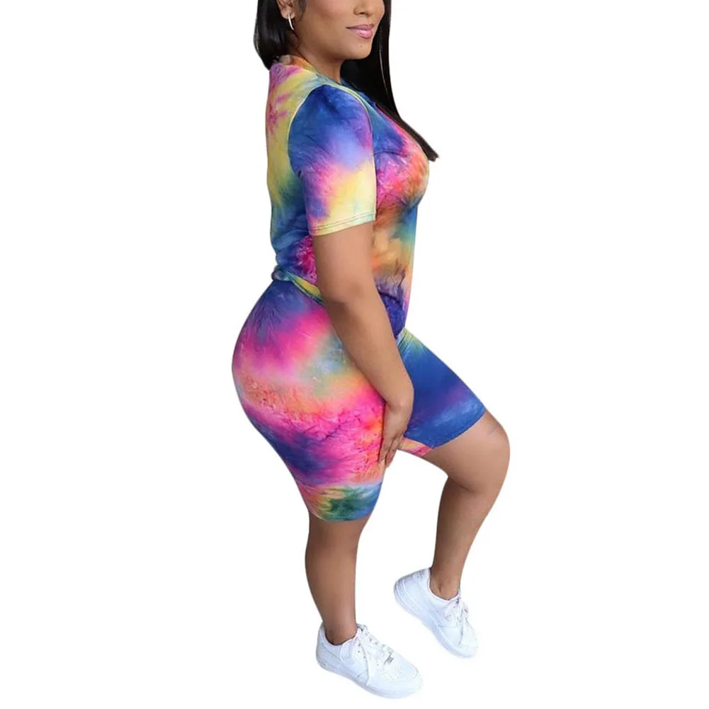 

Sexy Summer 2 Pieces Womens Clothing Suit Sets Womens Casual Tie-Dye Print Short Sleeve T-Shirt Tops+Short Pants Two Piece Sets