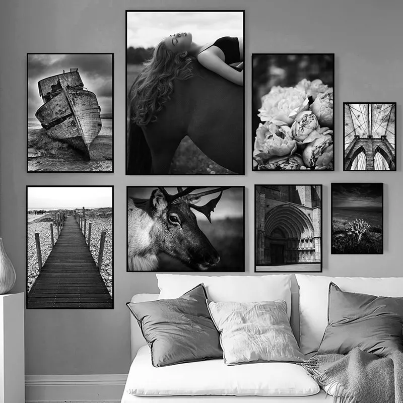 

Черно-белая Картина на холсте, модное настенное искусство, мост, женщина, животные, картины для гостиной, бескаркасные настенные картины