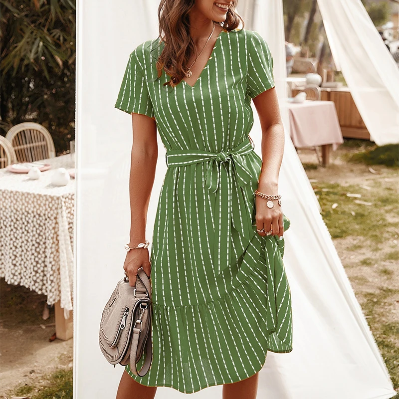 

ATUENDO Summer Fashion Green Dress for Women Casual Bohemian Short Sleeve Long Maxi Dresses High Waist Sexy Boho Robe for Ladies