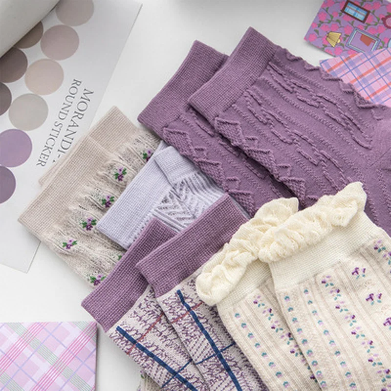 5 Pairs Women's Socks Set Cotton Violet Series Sweet High Quality Harajuku Kawaii Lolita Girl Cute Pretty Gift Ruffles Socks