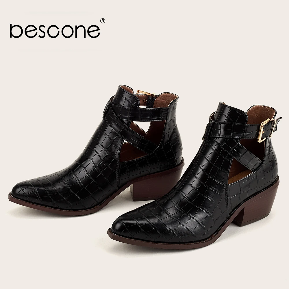 

Bescone Women's Boots Hollow Buckle Strap Crocodile Pattern Ankle Boots BM590