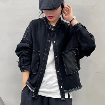 

retro jacket literary Washed denim style black clothes denim jacket girl