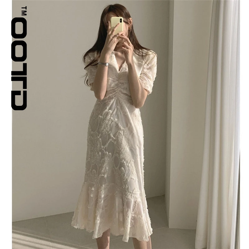 

OOTD Stylish V-Neck Elegant Waist-Controlled Slimming 2021 Early Spring Plus Slender Ruffles Short-Sleeved Long Dress