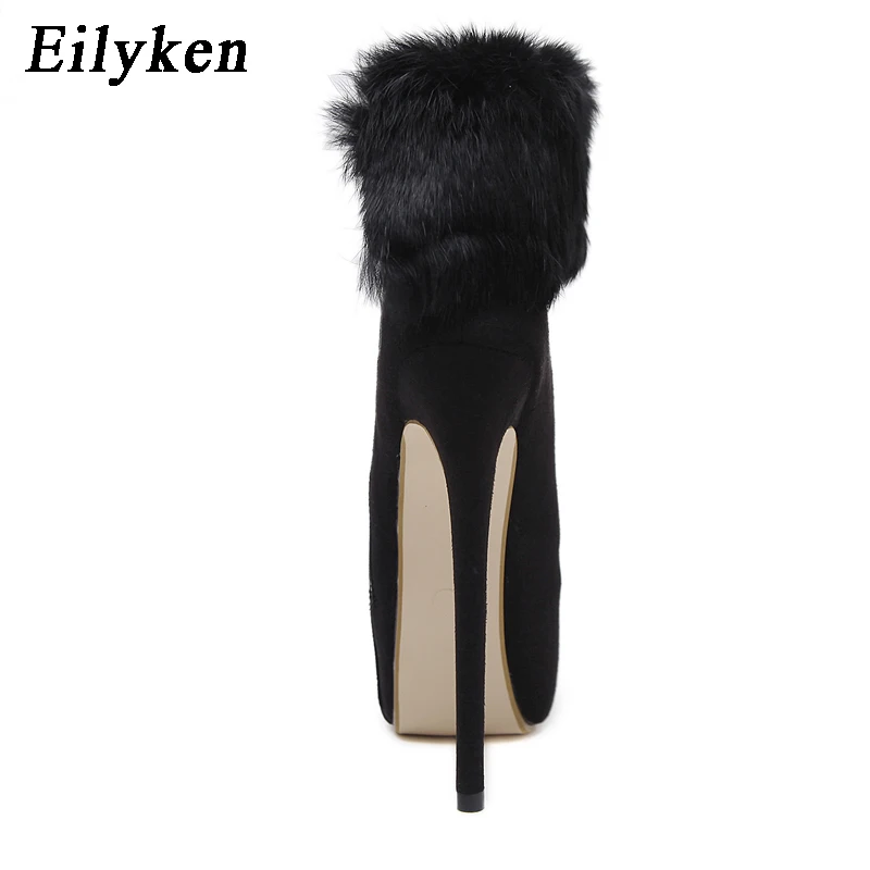 Eilyken; Новинка; модные черные короткие плюшевые ботинки; женские ботильоны на платформе и высоком каблуке на молнии; женская обувь; размеры 34-40