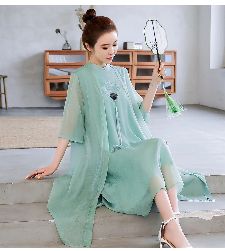 Весна Осень улучшенный Cheongsam 2 шт платье и кардиган свободные большие размеры шифоновые платья милые кисточкой винтажное женское платье
