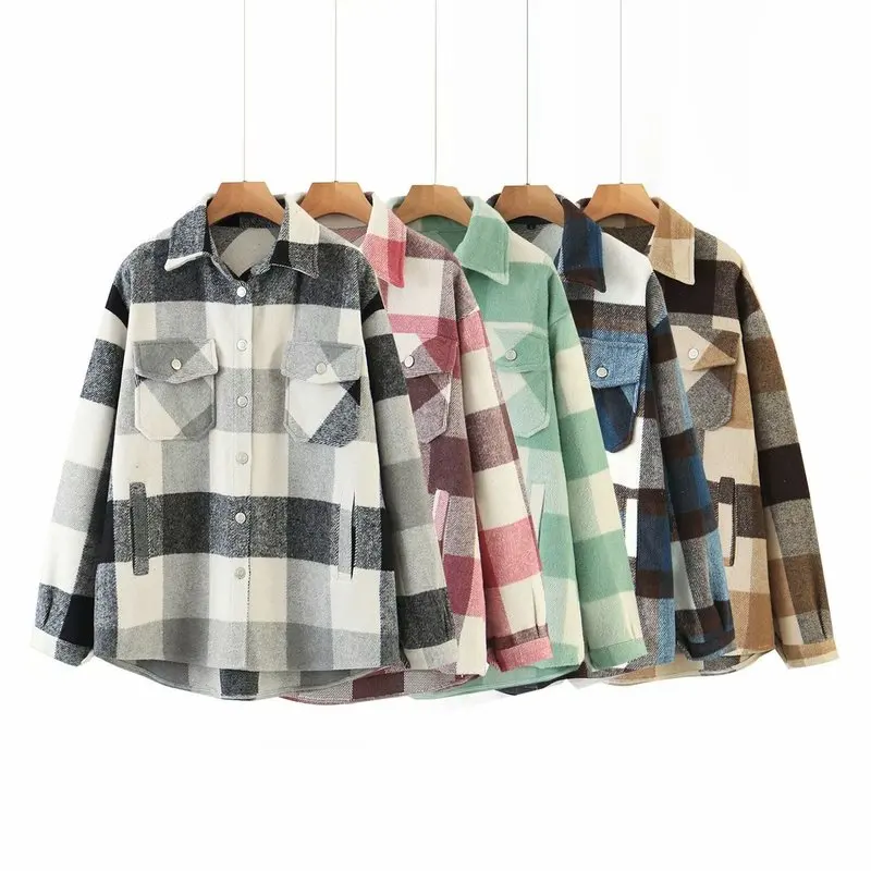 

Vintage Stylish Pockets Plaid Jacket Coat Womens 2020 Autumn Winter Fashion Casual Lapel Collar Long Sleeve Loose Outerwear Tops