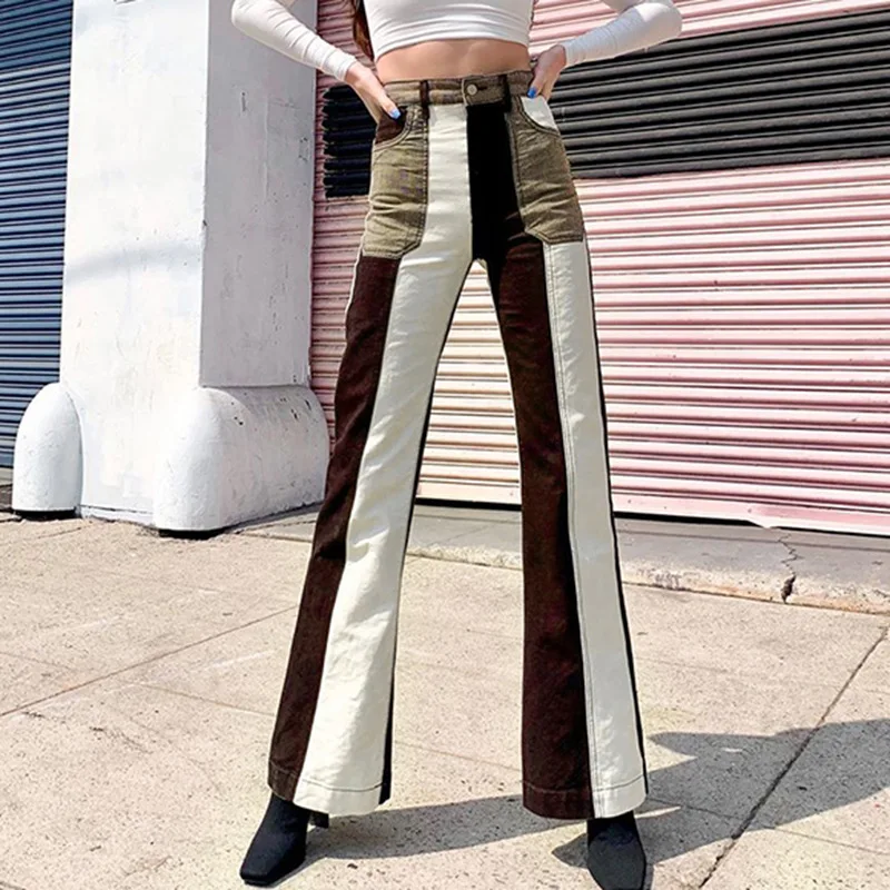 

Autumn Women Brown Patchwork Jeans Y2k Fashion Slim High Waist Bell Bottom Jeans Streetwear Women Casual Denim Flared Trousers