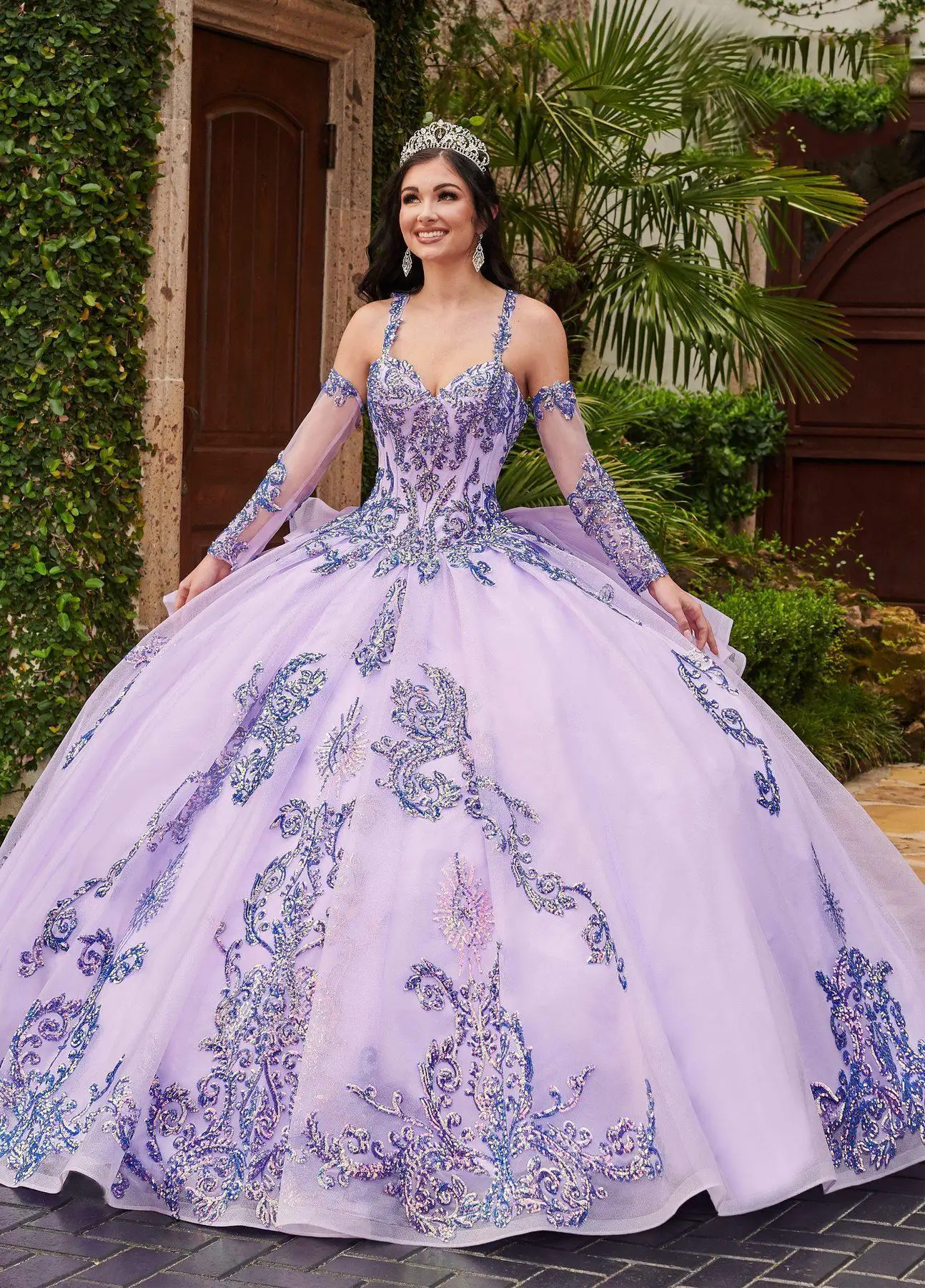 

Lavender Cheap Quinceanera Dresses Ball Gown Sweetheart Sweep Train Organza With Applique Detachable Sleeves Tiered