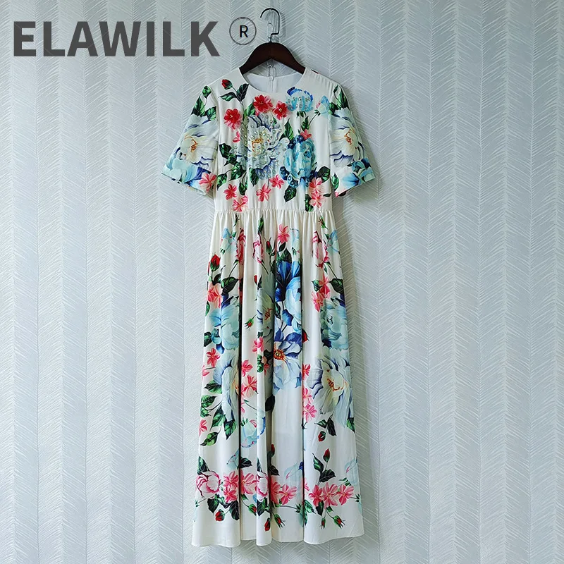 

Summer 2021 Fashion runways women's diamonds beading floral print elegant dress B542