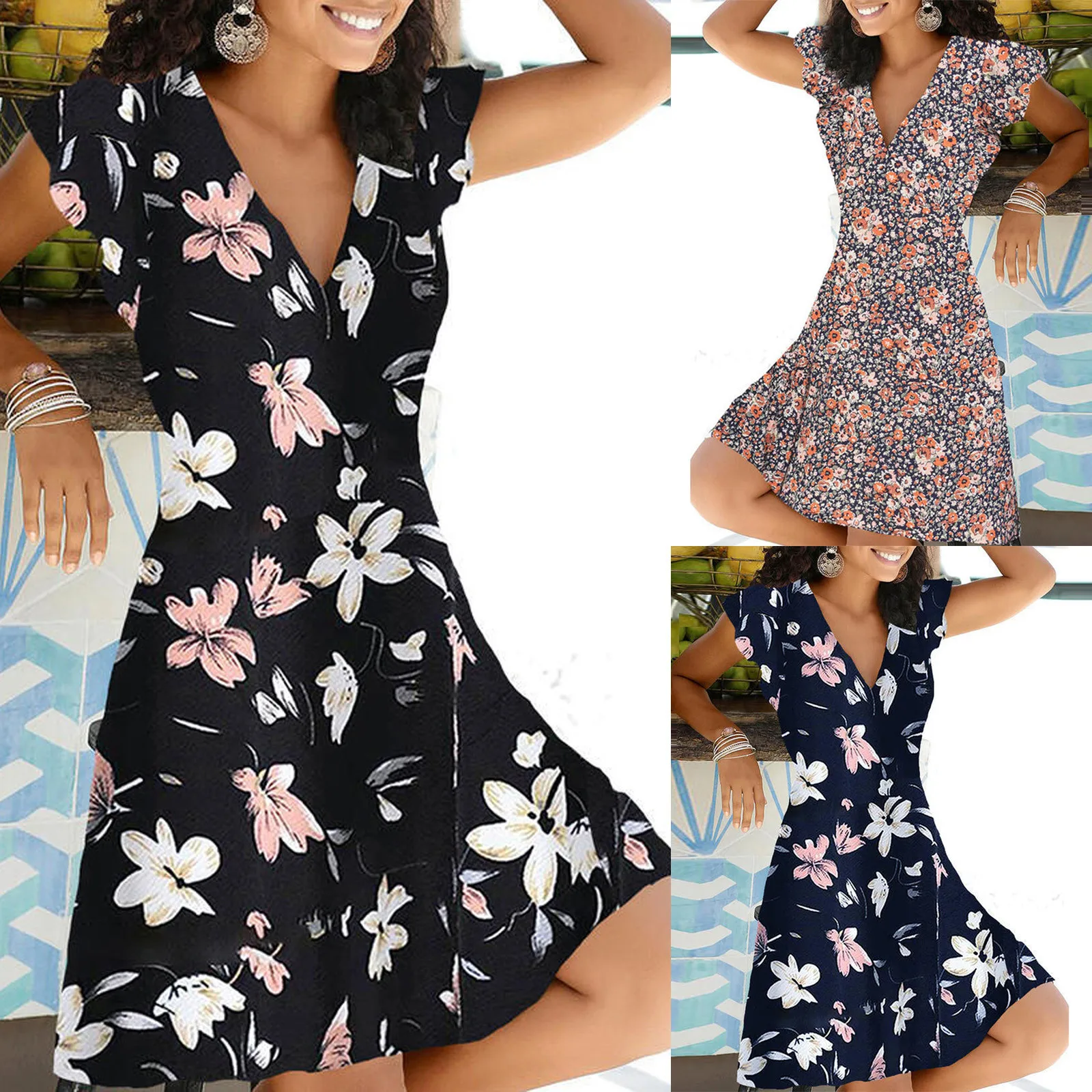 

61# Boho Beach Dresses For Women 2021 Summer V-neck Flower Print Short-sleeved Zipper Pullover Dresses Vestidos